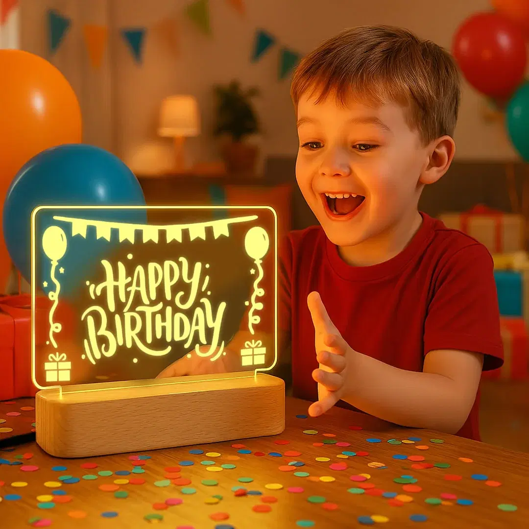 Happy Birthday LED acrylic lamp shown with party setup