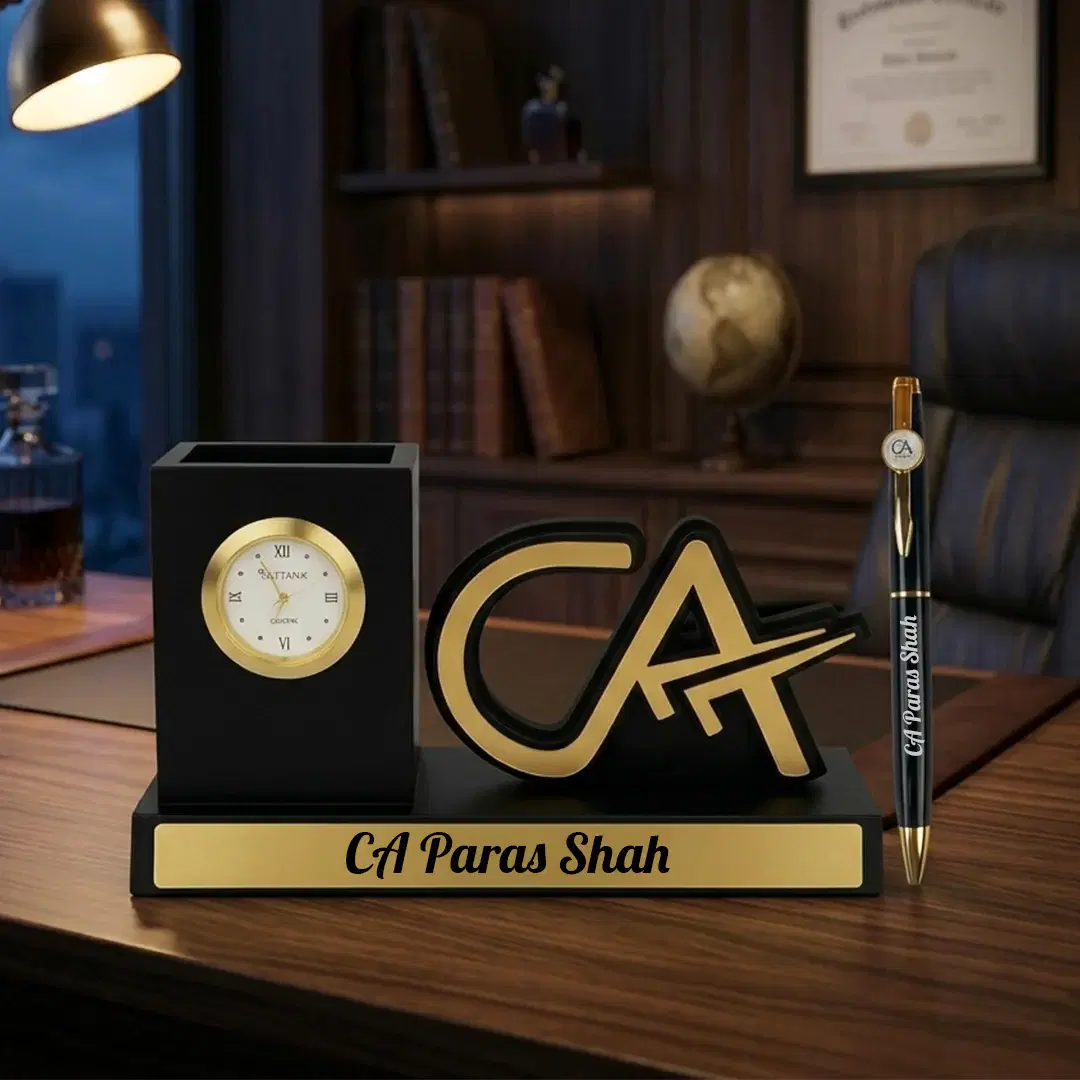 CA desk organizer with clock and pen set