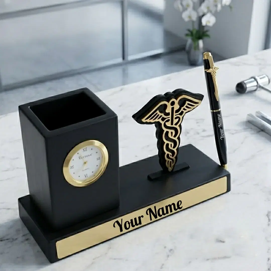 Doctor desk organizer with clock and pen stand