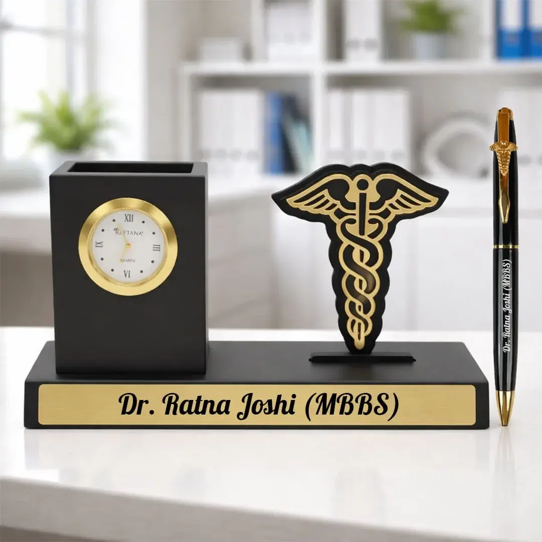 Personalized doctor desk clock and pen set with name plate