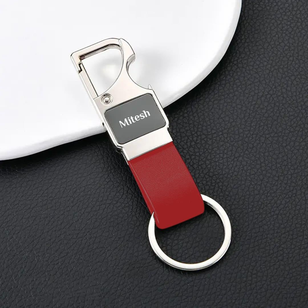 Personalized metal opener keychain close-up