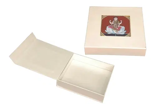 White cardboard festival gift box with printed lid label