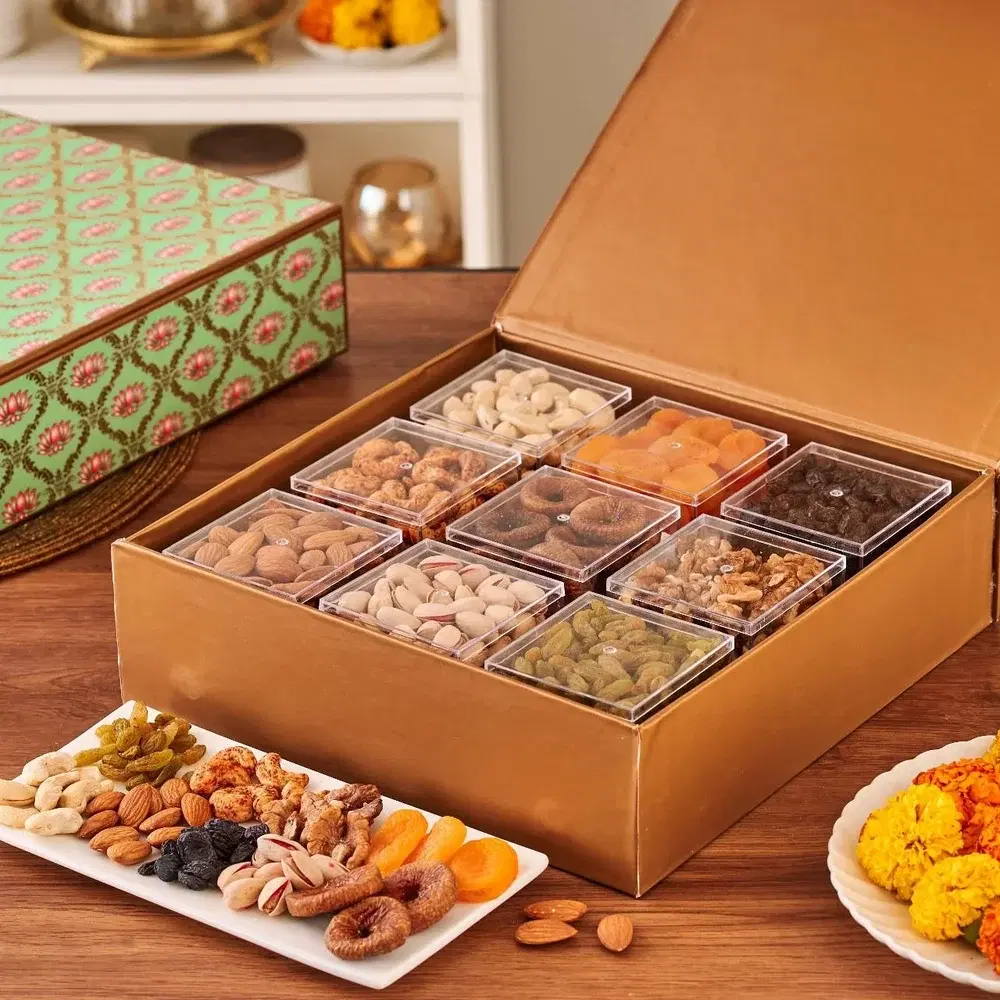 Gold compartment dry fruit hamper with assorted nuts
