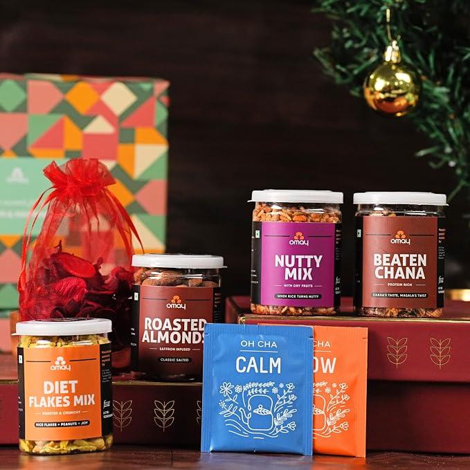Assorted snack jars and tea pouches for festival gifting