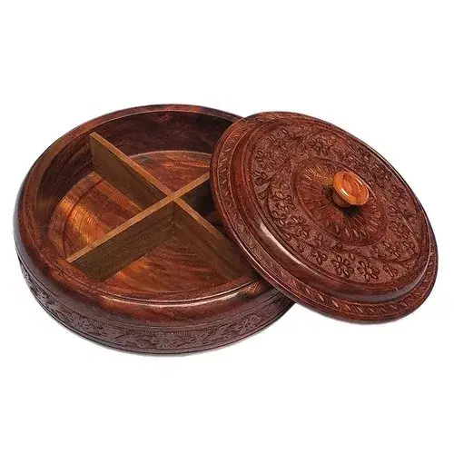 Open carved round wooden dry fruit box with compartments