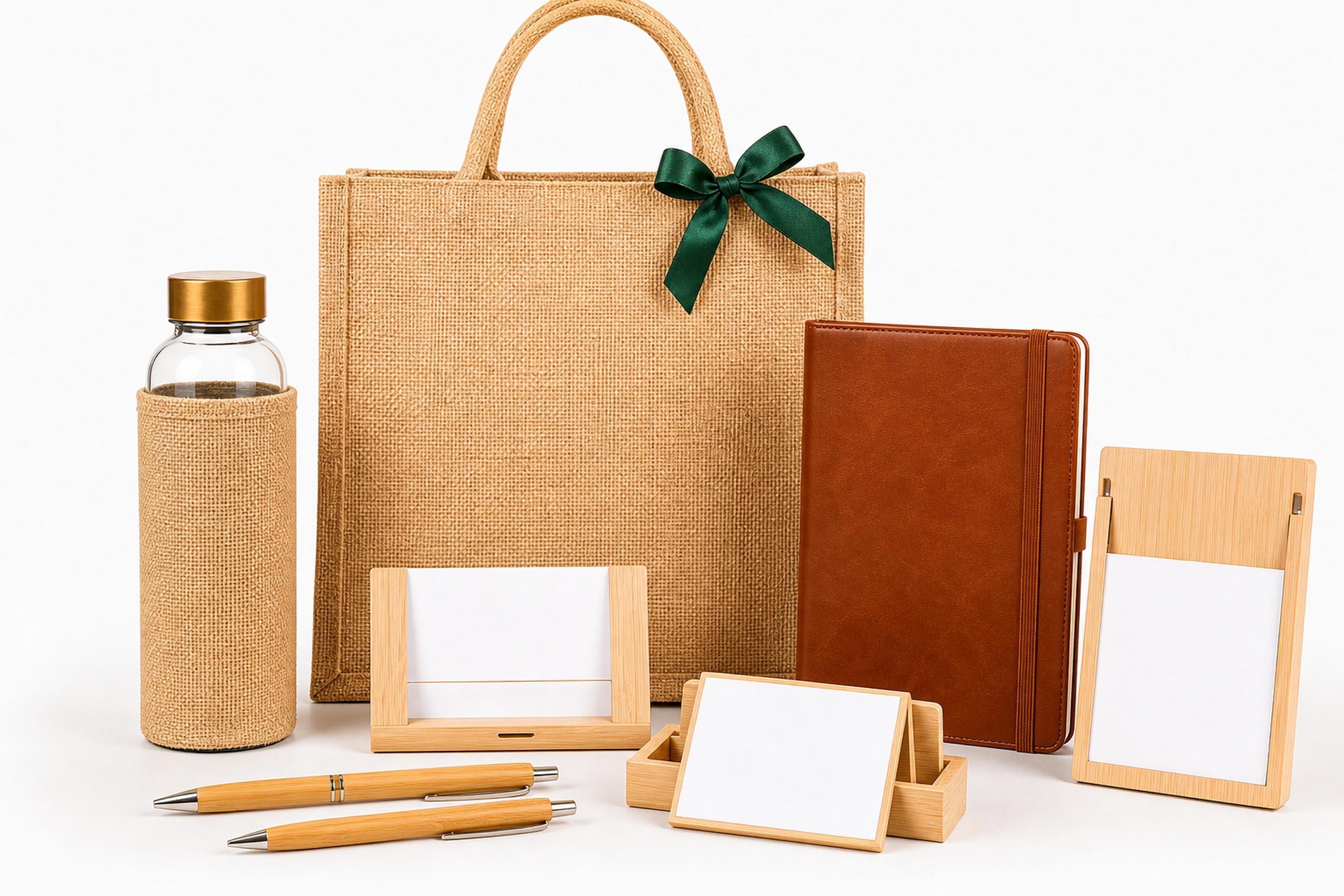Premium corporate welcome kit - jute bag, glass bottle, leather notebook and branded stationery
